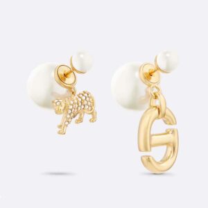 Dior Women Tribales Earrings Gold-Finish Metal with White Resin Pearls and Silver-Tone Crystals
