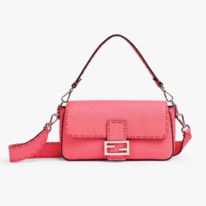 Fendi Women Baguette Pink Selleria Bag with Oversized Topstitching