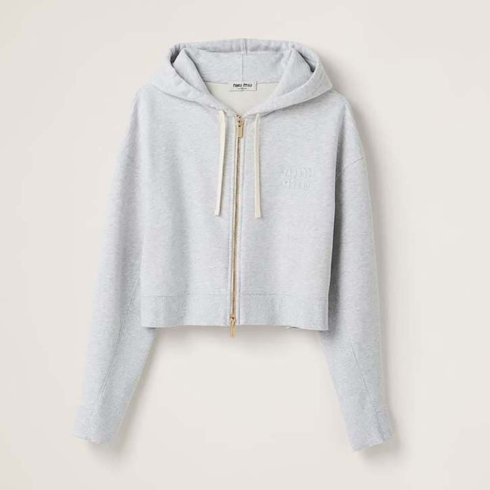 Miu Miu Women Embroidered Cotton Fleece Hoodie with Embroidered Logo-Silver