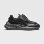 Prada Men Brushed Leather Sneakers with Bike Fabric and Suede Elements-Black