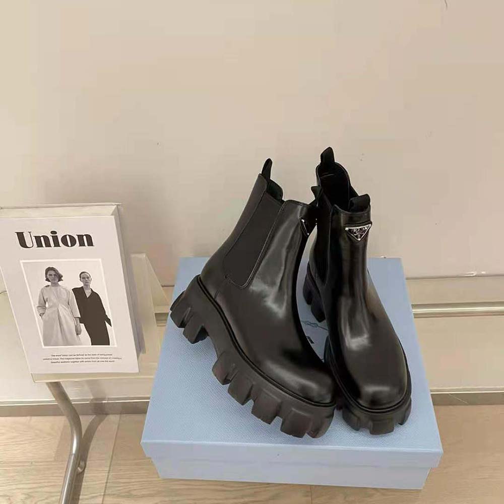 Nylon Boots Prada Monolith Brushed Leather Booties Prada Women