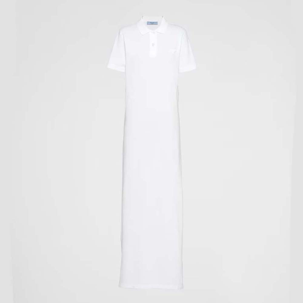 Prada Women Piqué Midi-dress with Fabric Triangle Logo-White