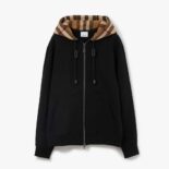 Burberry Men Check Trim Cotton Zip Hoodie-Black