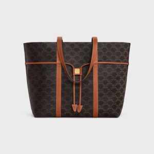 Celine Women Cabas Drawstring in Triomphe Canvas and Calfskin-Brown