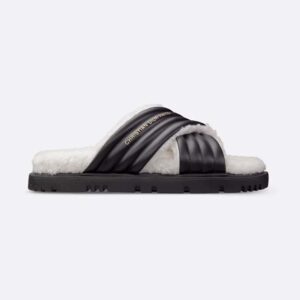 Dior Women D-Cross Slide Black Lambskin and White Shearling