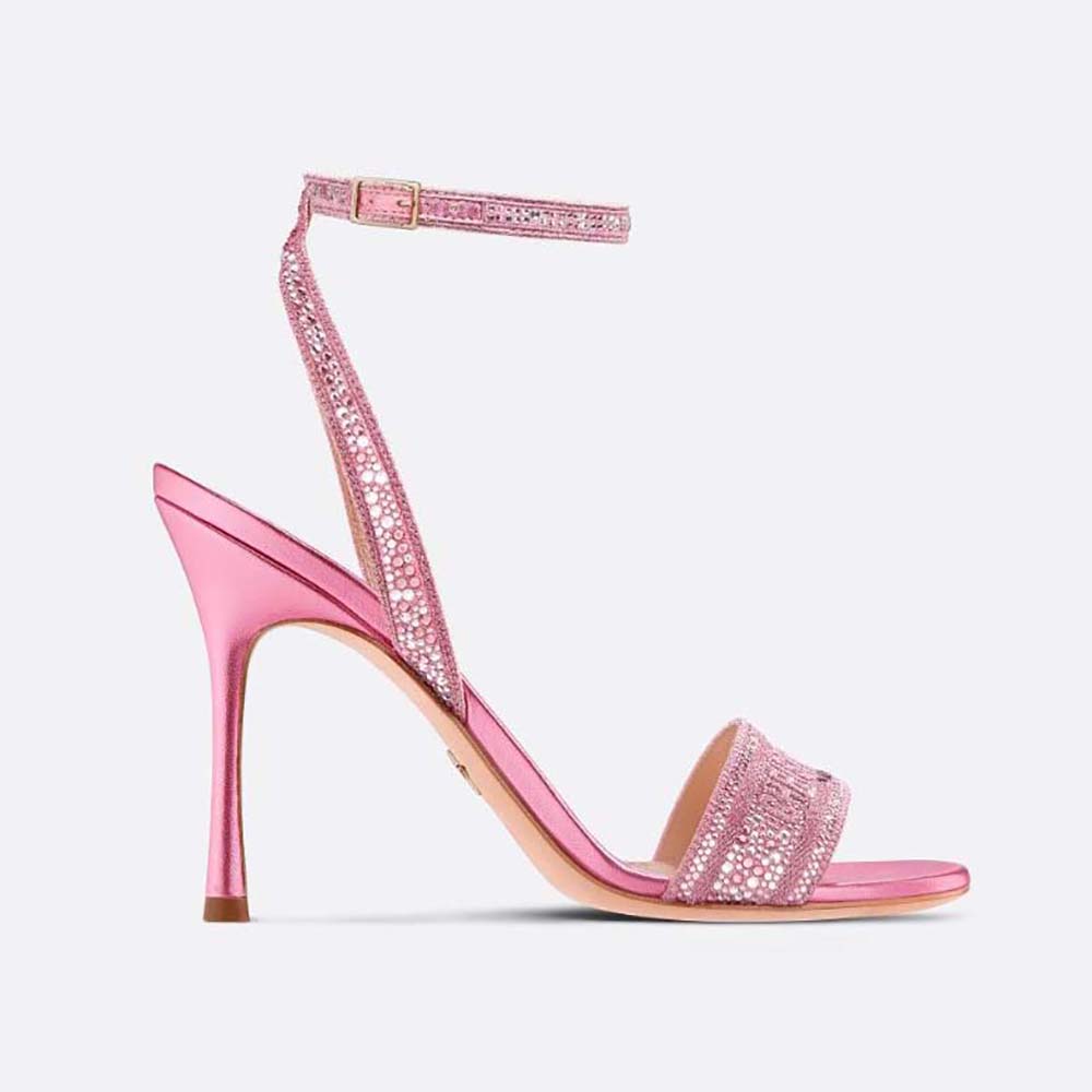 Dior Women Dway Heeled Slide Pink Cotton Embroidered with Metallic Thread  and Strass