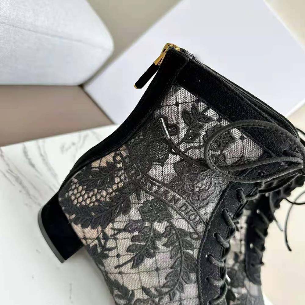 Naughtily-D Ankle Boot Black Transparent Mesh and Suede Embroidered with  Dior Roses Motif