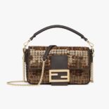 Fendi Women Baguette Mini Brown FF Jacquard Fabric Bag with Sequins