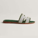 Hermes Women Oran Sandal in Fringed H Canvas-Green