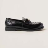 Miu Miu Women Brushed Leather and Gingham Check Fabric Loafers