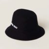 Miu Miu Women Drill Bucket Hat with Embroidered Logo-Black 11 Miu Miu Women Drill Bucket Hat with Embroidered Logo-Black