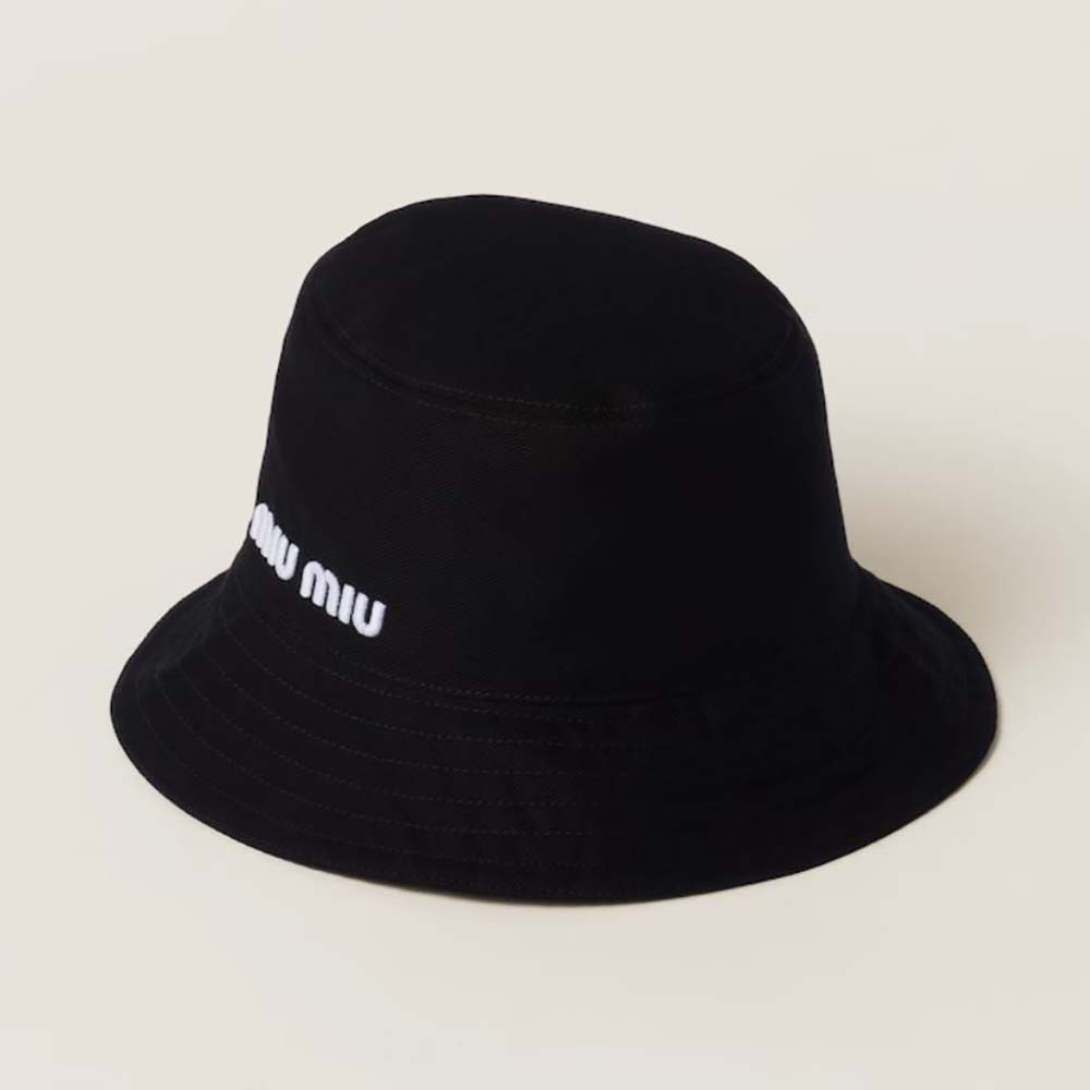 Miu Miu Women Drill Bucket Hat with Embroidered Logo-Black