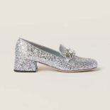 Miu Miu Women Glitter Fabric Loafers with Fabric Logo Label