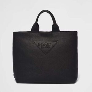 Prada Men Leather Tote with Enameled Metal Triangle Logo-Black