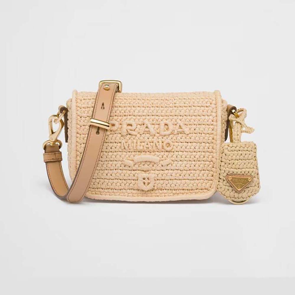 Prada Women Crochet and Leather Shoulder Bag with Flap