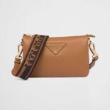 Prada Women Leather Shoulder Bag with Metal Lettering Logo-Brown