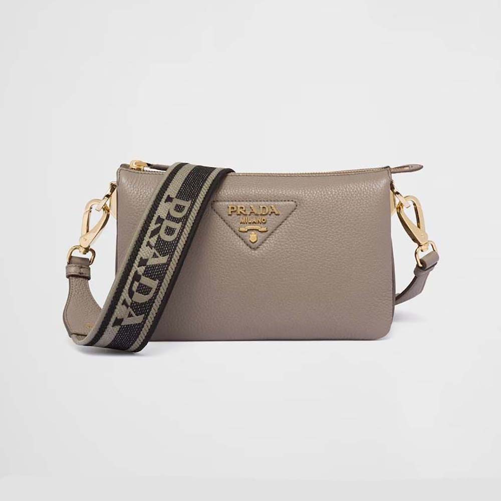 Prada Women Leather Shoulder Bag with Metal Lettering Logo-Gray