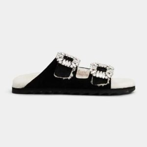 Roger Vivier Women Slidy Viv' Fur Strass Buckle Mules in Suede-Black