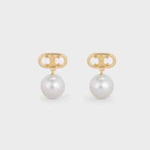 Celine Women Triomphe Pearl Earrings in Brass with Gold Finish and Glass Pearls