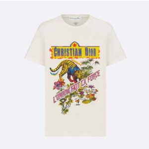 Dior Women T-shirt White Cotton and Linen Jersey with Multicolor Indian Animals Tiger Motif