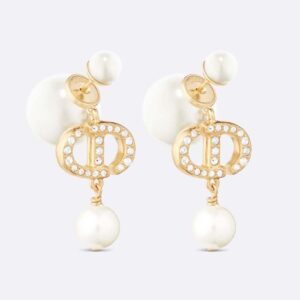 Dior Women Tribales Earrings Gold-Finish Metal, White Resin Pearls and White Crystals