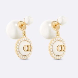 Dior Women Tribales Earrings Gold-Finish Metal with White Resin Pearls and Latte Glass