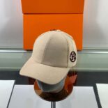Hermes Men Miles H Circle Cap in Stretch Cotton-Beige