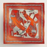 Hermes Women Zouaves Et Dragons Bandana Shawl 140-Orange