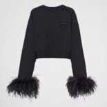 Prada Women Crew-neck Sweatshirt with Feather Trim-Black