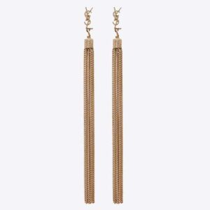 Saint Laurent YSL Women Loulou Earrings with Chain Tassels in Light Gold-Colored Brass