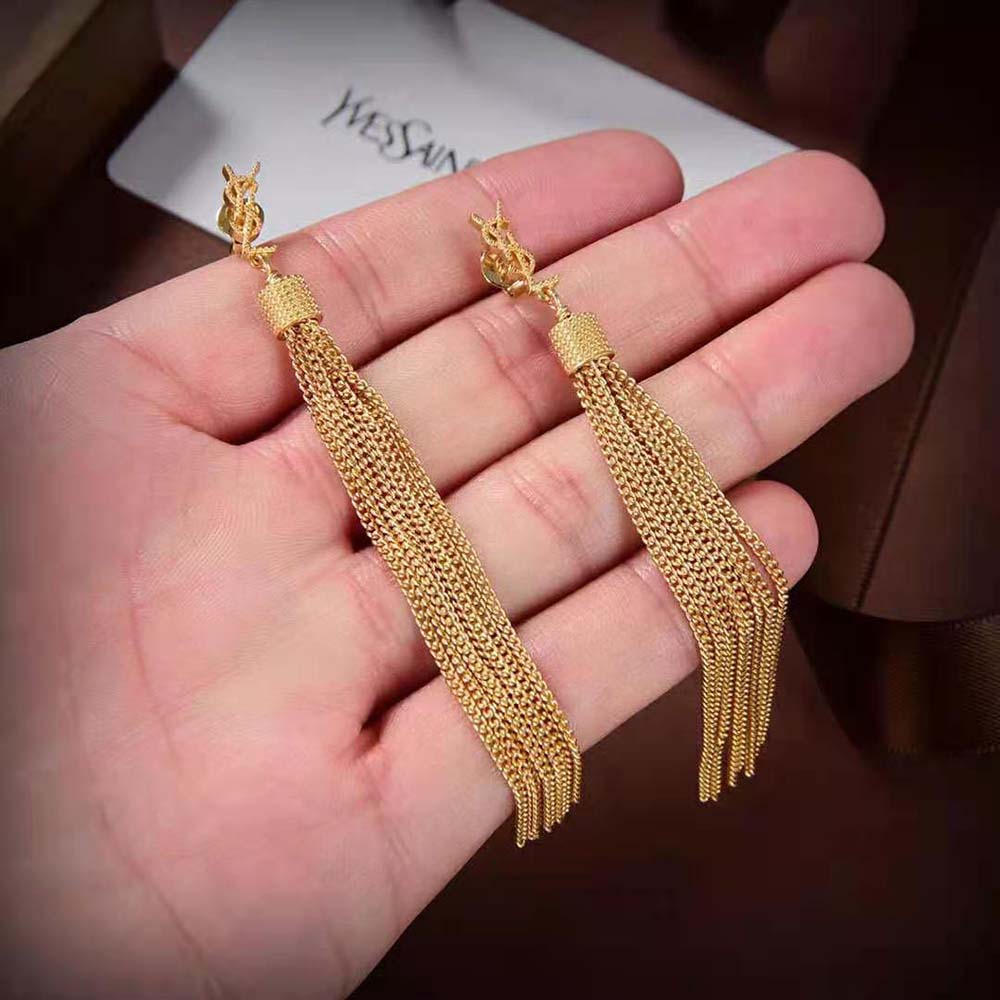 Loulou earrings with chain tassels in light gold-colored brass, Saint  Laurent