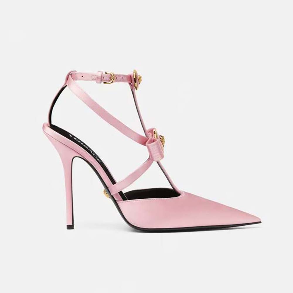 Versace Women Gianni Ribbon Cage Satin Pumps-Pink