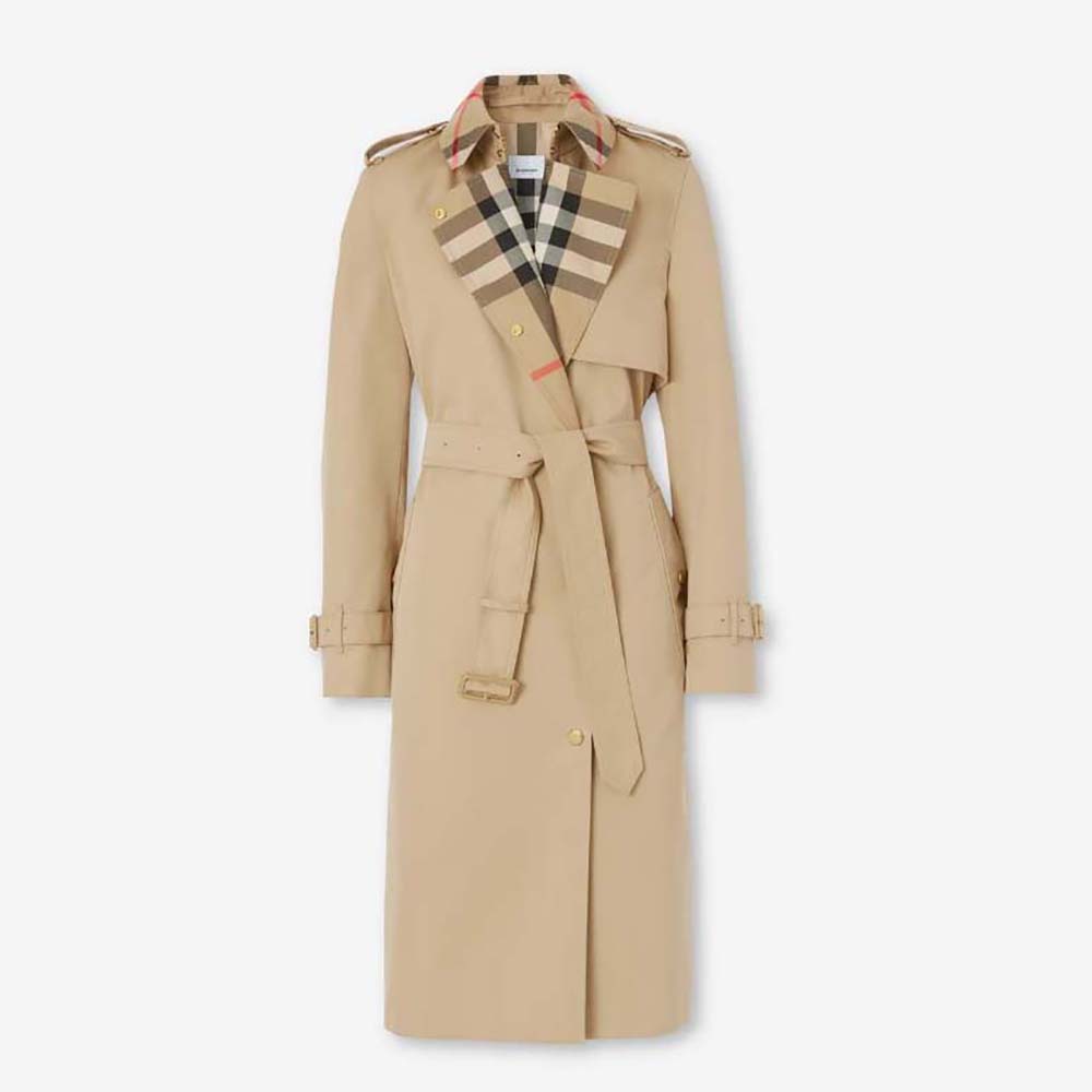 Burberry Women Long Check Collar Trench Coat-Beige