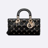 Dior Women Medium Lady D-joy Bag Black Cannage Lambskin with Gold-Finish Butterfly Studs