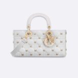 Dior Women Medium Lady D-joy Bag White Cannage Lambskin with Gold-Finish Butterfly Studs