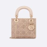 Dior Women Mini Lady D-joy Bag Caramel Beige Cannage Cotton Embroidered with Micropearls