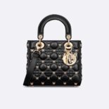 Dior Women Small Lady Dior Bag Black Cannage Lambskin with Gold-Finish Butterfly Studs