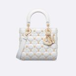 Dior Women Small Lady Dior Bag White Cannage Lambskin with Gold-Finish Butterfly Studs