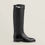 Hermes Women Jumping Boot in Quilted Canvas and Calfskin-Black