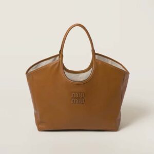 Miu Miu Women IVY Leather Bag with Leather Lettering Logo-Brown