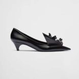 Prada Women Brushed Leather Pumps with Floral Appliqués-Black