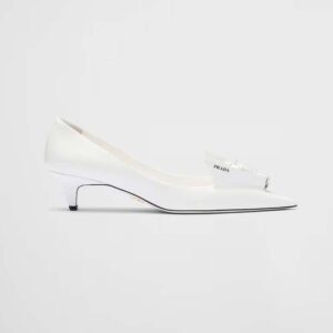 Prada Women Brushed Leather Pumps with Floral Appliqués-White