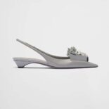 Prada Women Brushed Leather Slingback Pumps with Floral Appliques-Gray