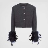 Prada Women Feather-trimmed Single-breasted Wool Jacket-Gray