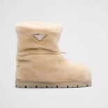 Prada Women Shearling Booties with Enameled Metal Triangle Logo-Beige