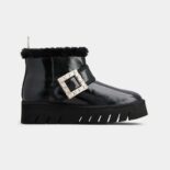 Roger Vivier Women Viv' Winter Fur Strass Buckle Ankle Boots in Patent Leather-Black