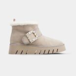 Roger Vivier Women Viv' Winter Fur Strass Buckle Ankle Boots in Suede-Beige