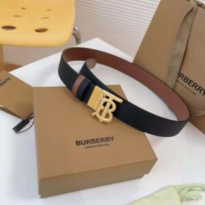 Burberry Men Reversible Leather TB Belt-Black/Light Gold 80666501