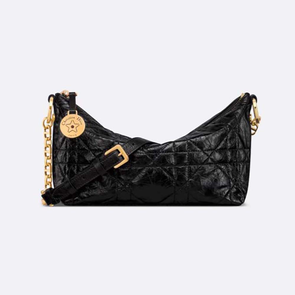 Dior Women Diorstar Hobo Bag with Chain Black Macrocannage Crinkled ...