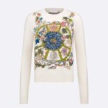 Dior Women Embroidered Sweater White Cashmere Knit with Multicolor Tarot La Roue de la Fortune Motif